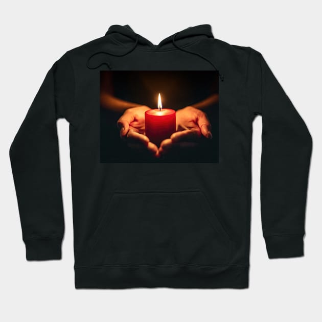 Small red candle burning held in hands on black background generative ai Hoodie by clearviewstock